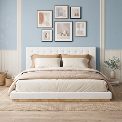 Wood Platform Bed with Tufted Chenille Upholstered Headboard and Center Legs