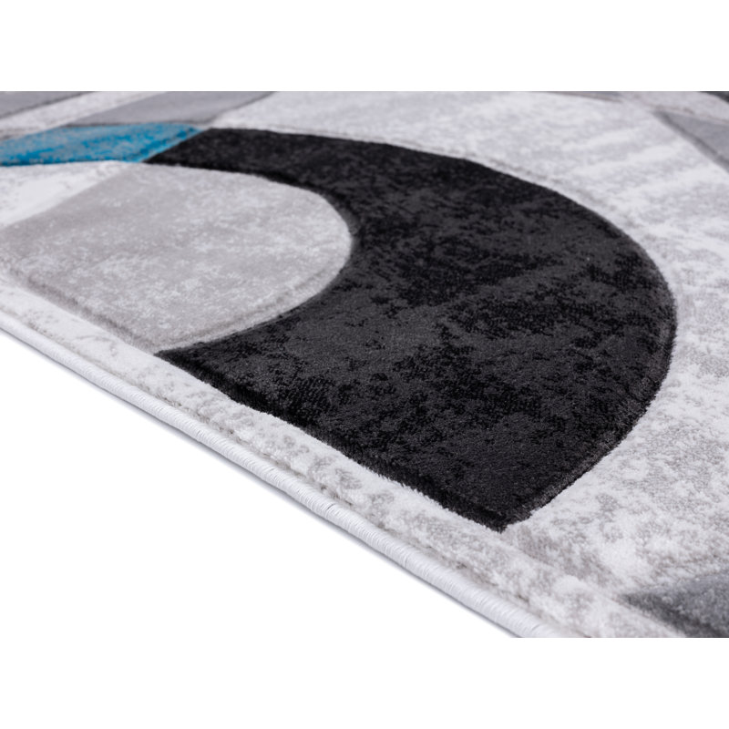Tapis abstrait blanc / noir / bleu Adonia, Tapis de couloir 2 pi 8 po x 11 pi 10 po
