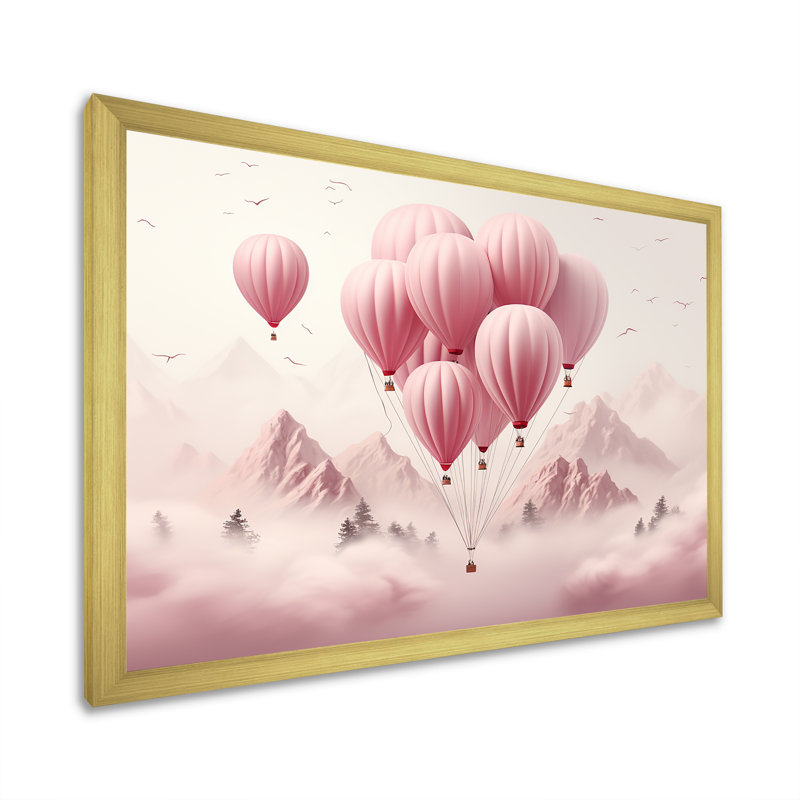 «Pink Air Balloon Adventure On Peak» - Art mural en montgolfière, Cadre doré à coins fermés, H 12 po x l 20 po x P 1 po