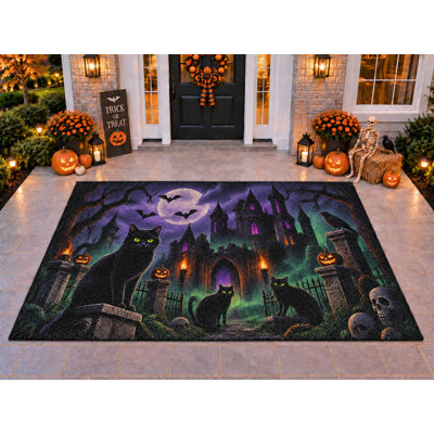 5' x 7' Outdoor Area Rug Halloween Castle Cat Heavyweight Solid Waterproof PVC Coil Loop Carpet, Heavy Duty Patio Rug, Quick Dry Indoor Outdoor Mat for Porch Deck Balcony Entryway