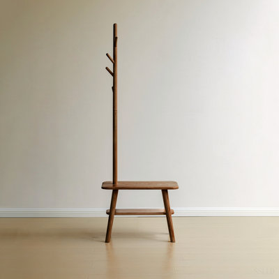 Natural Solid Wood Shoe Stool with Cloth Hanger, Mid-Century Modern Storage Bench with High Rebound Sponge Cushion for Entryway And Living Spaces