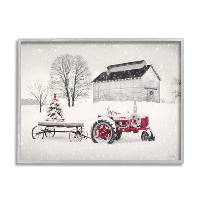 Festive Red Christmas Tractor Niveous Countryside Flurries  Gray Farmhouse Oversized Rustic Framed Giclee Texturized Art by Lori Deiter