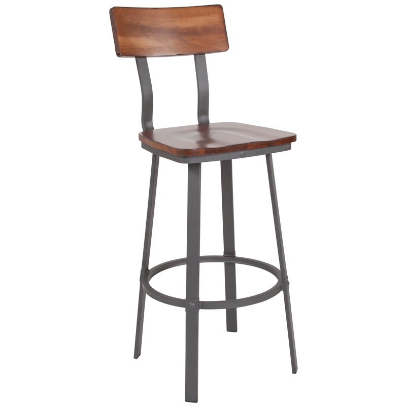 Cecilia 30" Rustic Walnut Restaurant Barstool with Wood Seat & Back & Powder Coat Frame, Brown/Black