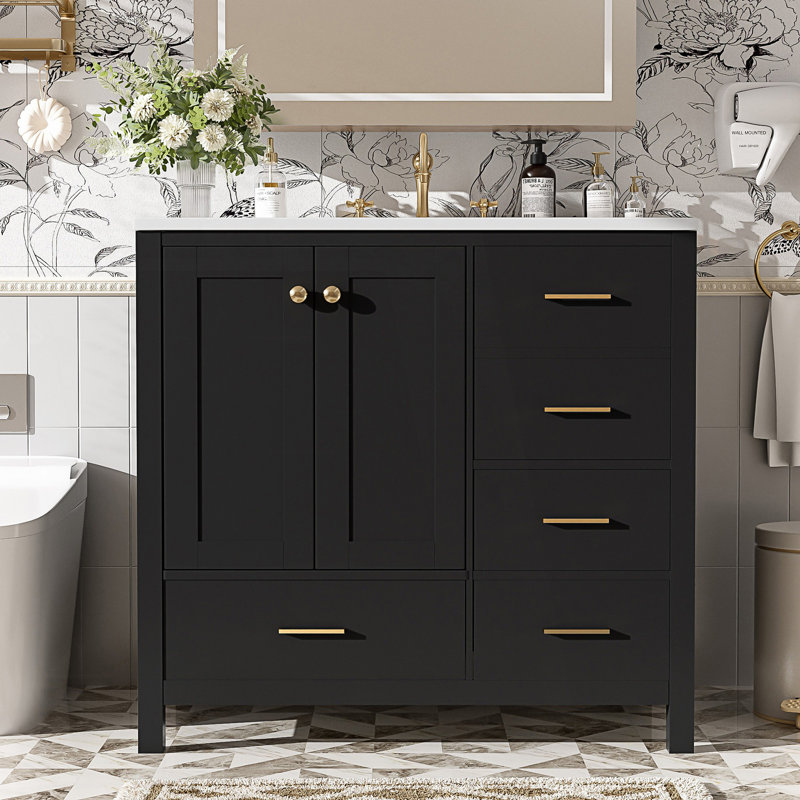 Ensemble de meuble-lavabo avec lavabo en céramique, meuble de rangement pour salle de bain, ensemble de meuble-lavabo autoportant avec 4 tiroirs et portes à fermeture douce