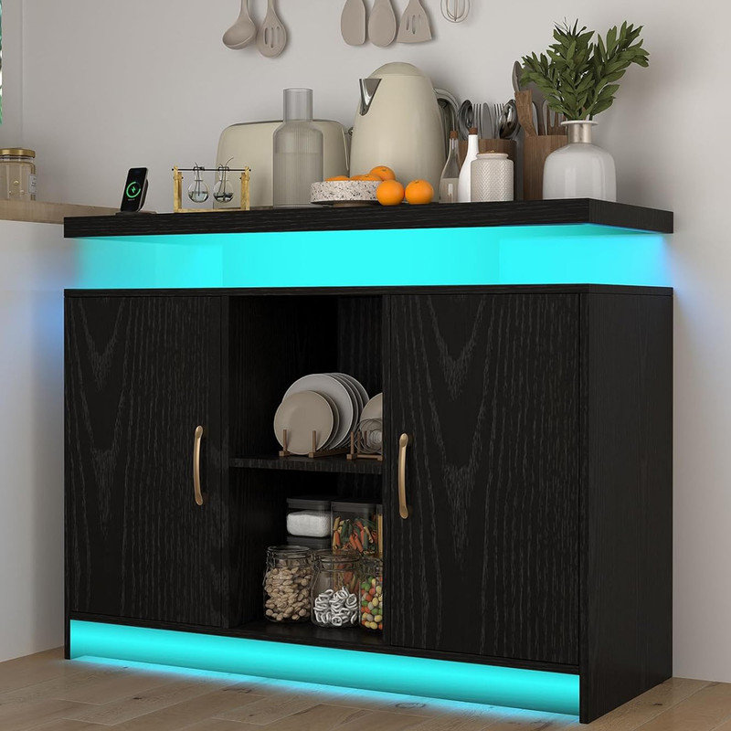 LED Lights Coffee Bar Cabinet with Storage, Sideboard Buffet Cabinet with Charging Station, Black