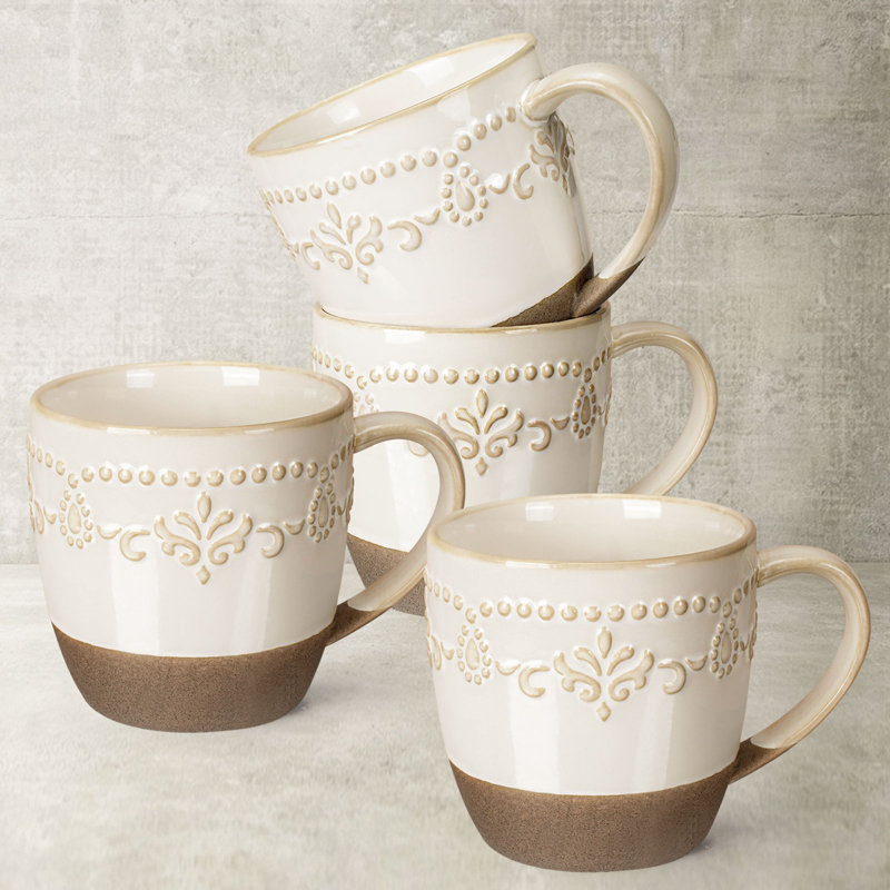 Ensemble de 4 tasses à café 16 oz en céramique embossée, émail réactif distinct, lavable au micro-ondes et au lave-vaisselle pour le thé, le café au lait et le cacao, registre de mariage et cadeau des Fêtes (motif floral damassé)