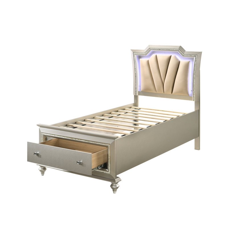 Lit double - Champagne, revêtement en cuir synthétique, rangement à DEL et espace de rangement chic, revêtement
