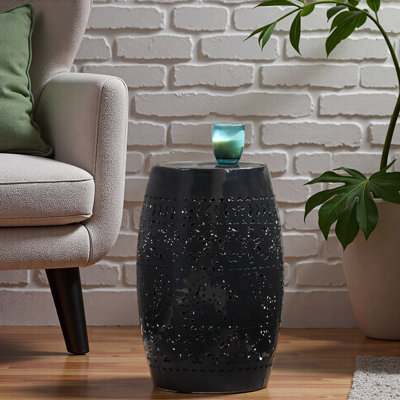 Side Table, Lace Cut Metal End Table For Outdoor & Indoor Use, Barrel Shape Accent Table With No Assembly Needed For Garden, Patio