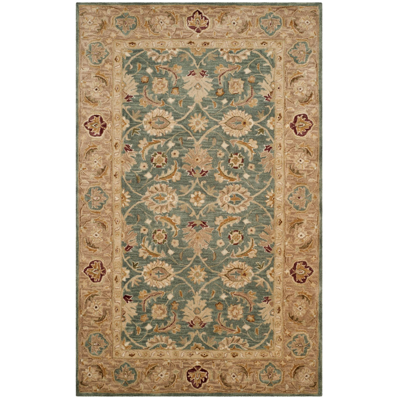 Antiquity Hand-Tufted Teal Blue / Taupe Area Rug, Rectangle 6' x 9'