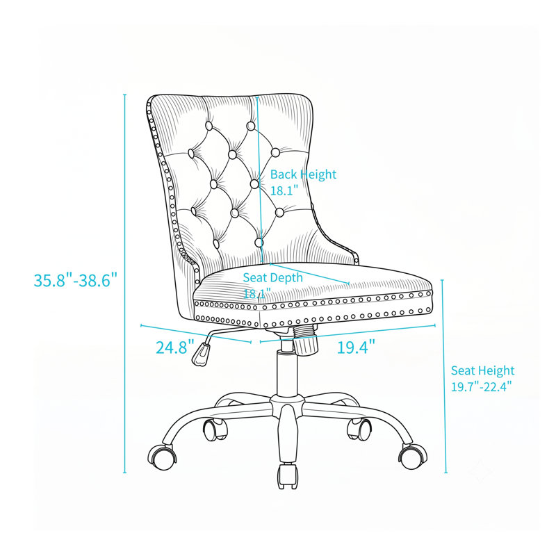 Chaise de bureau moderne en velours capitonné avec base en métal, chaise de bureau pivotante ajustable, Blanc, Blanc