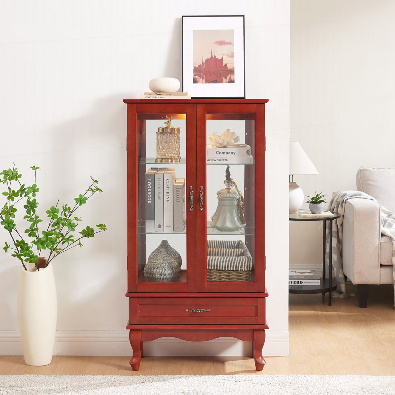 Vitrine Curio avec tablettes réglables en verre, Merisier