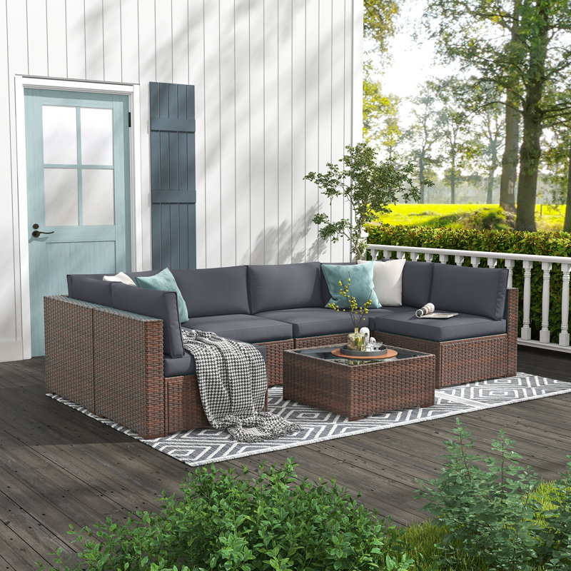 Algarin Wicker 6 - Person Modular Patio Conversation Set with Cushions, Dark Gray Cushion/Brown Frame