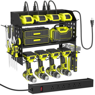 Power Tool Organizer Wall Mount with Charging Station, Metal Tool Storage Rack with 4 Drill Holders, Heavy Duty Power Tool Shelf, 3 Layer, (Black)