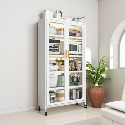 65" Kitchen Pantry Storage Cabinet, 6 Tier Metal Display Storage Cabinet With Transparent Door, Adjustable Shelves & Wheels, Food Pantries Cabinets