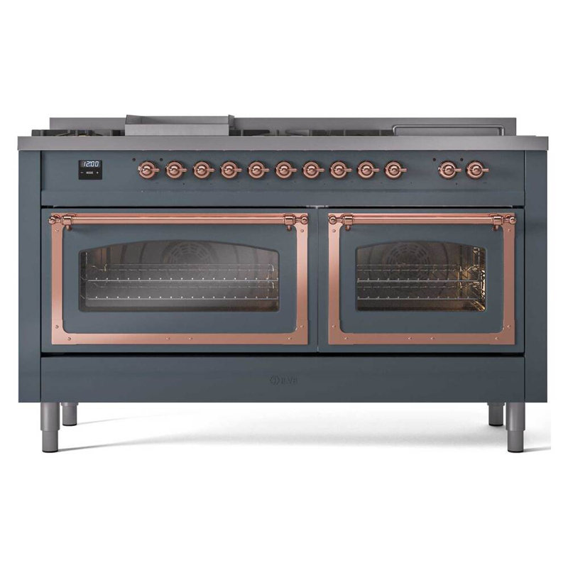 ILVE Nostalgie II Noblesse 60 in Dual Fuel Range 7 Burner, Griddle, Frenchtop, Liquid Propane, Blue Gray/Brass