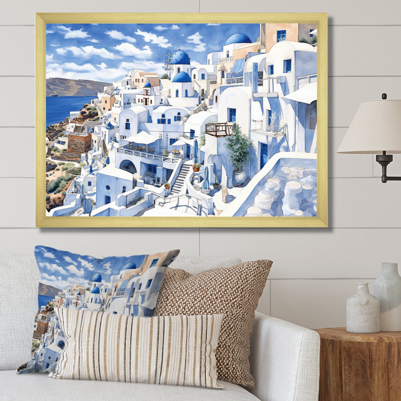 «Greek Santorini Odyssey I», art mural sur toile Grèce, H 34 po x l 44 po x P 1,5 po, Cadre doré à une seule photo
