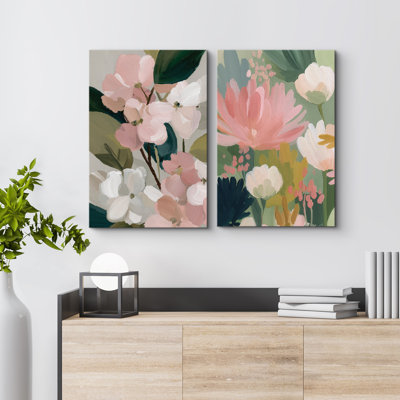Ensemble de 2 reproductions d'art sur toile tendres à motif floral rose doux - Décoration botanique moderne pour chambre à coucher ou salon