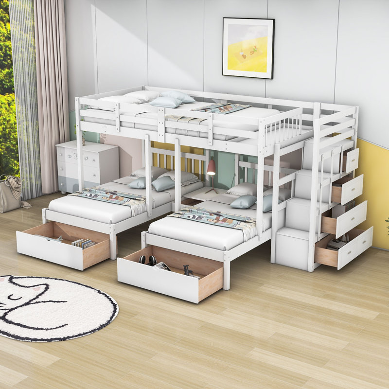 Lit superposé simple en bois avec tablette et tiroirs Erlingur, Blanc