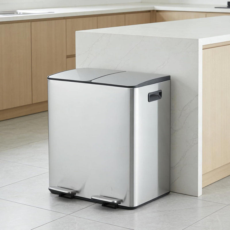 Poubelle de tri à double pédale en acier inoxydable de 40 L, blanche, Blanc