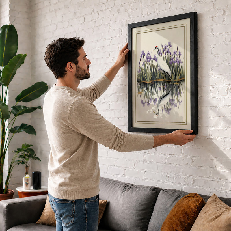 Irises in Reflection Botanical - Framed Print, A2 - 59.4 x 42.0 cm, Walnut