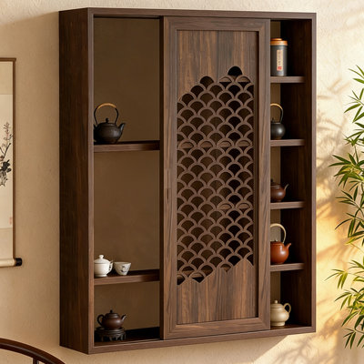19.69" Vintage‑Style Dark Brown Solid Wood Wall‑Mounted Storage Display Cabinet with Carved Lattice Sliding Doors