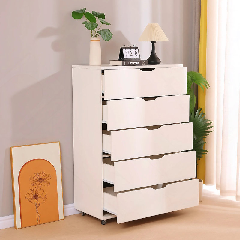 Commode à 5 tiroirs avec roulettes, Blanc