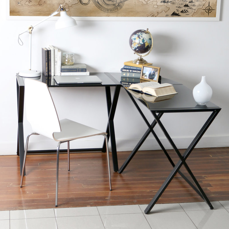 Ferro L-Shaped Metal Base Writing Desk, Black