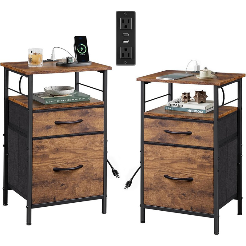 Table de chevet 2, table de chevet avec station de charge, tables de chevet pour chambre à coucher, table d'appoint avec tiroirs en tissu, ports et prises USB, brun rustique