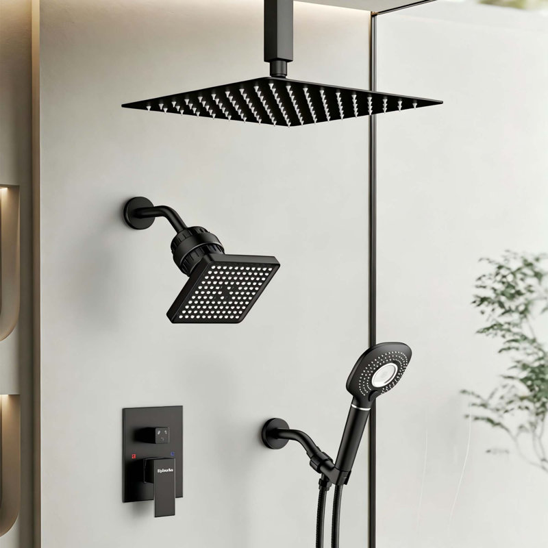 Ceiling Mount Pressure Balanced Shower System, 12" Dual  Showerheads System with Filter and Valve, 12" - Black