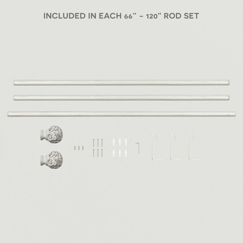 Distressed White Adjustable Curtain Rod with Floral Finials