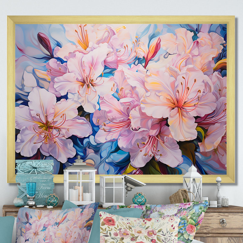 Motif de fleurs de rhododendron rose - imprimé, H 24 po x l 32 po x P 1 po, Cadre doré simple