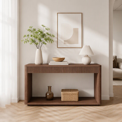 60"2-Drawer Fluted Console Table Natural Wood Veneer Sofa Table