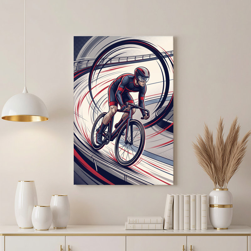 «Cyclist Racing on Velodrome Track» sur toile rouge et noire, 24"H x 18"W
