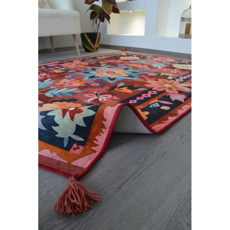 Floral Ethnic Fringed Pastel Colored Woven Base Decorative Machine Washable Living Room Rug