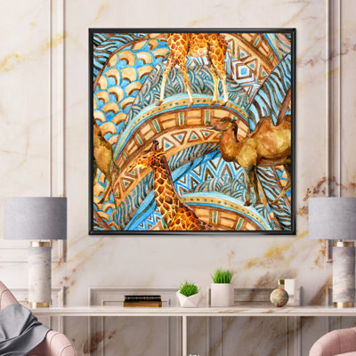 Girafe et caméléon sur une géométrie africaine - impression sur toile