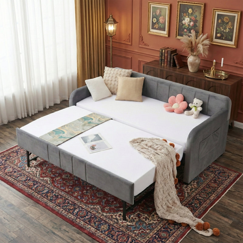  81.6" Twin Size Upholstered Daybed with Pull-Out Trundle - Velvet Sofa Bed Frame with Wood Slat Support - No Box Spring Needed