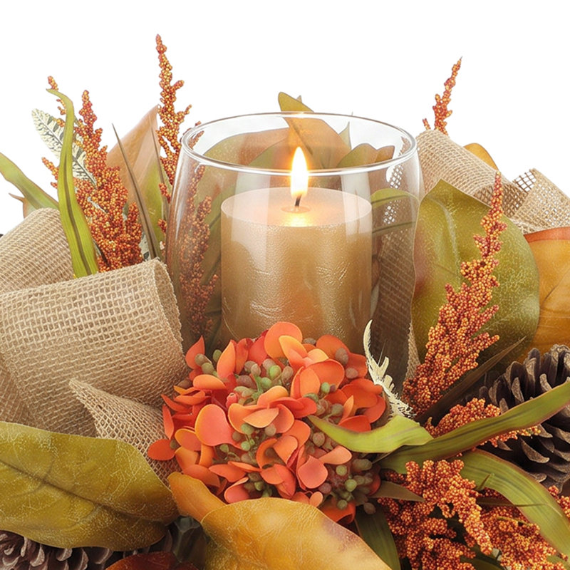 Fall Candleholder Centerpiece with Hydrangeas, Wheat and Pinecones