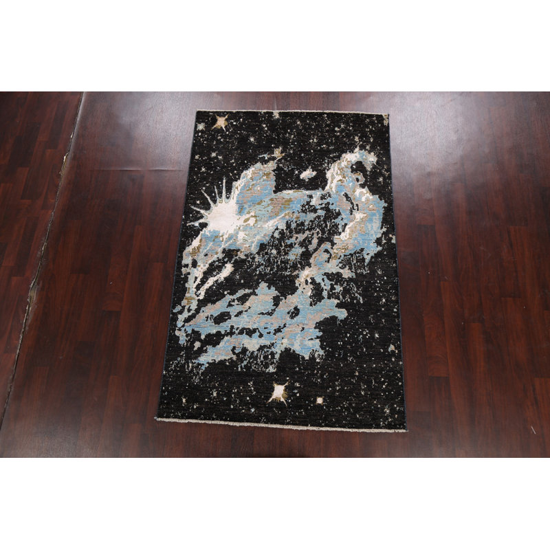 Tapis noir / bleu / blanc noué à la main de conception unique 4 pi 8 po x 7 pi 3 po New Age