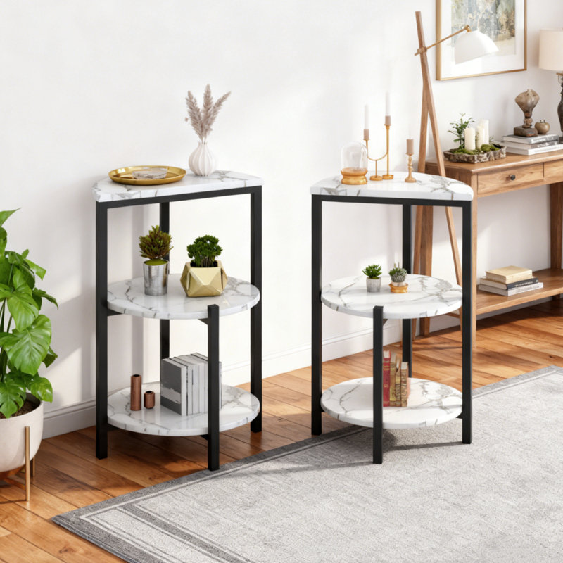 Round End Table Set Of 2, Small Side Table, Faux Marble Modern Nightstand Sofa Side Table Bed Side Table W/Metal Frame For Living Room, Bedroom, Office, Bathroom