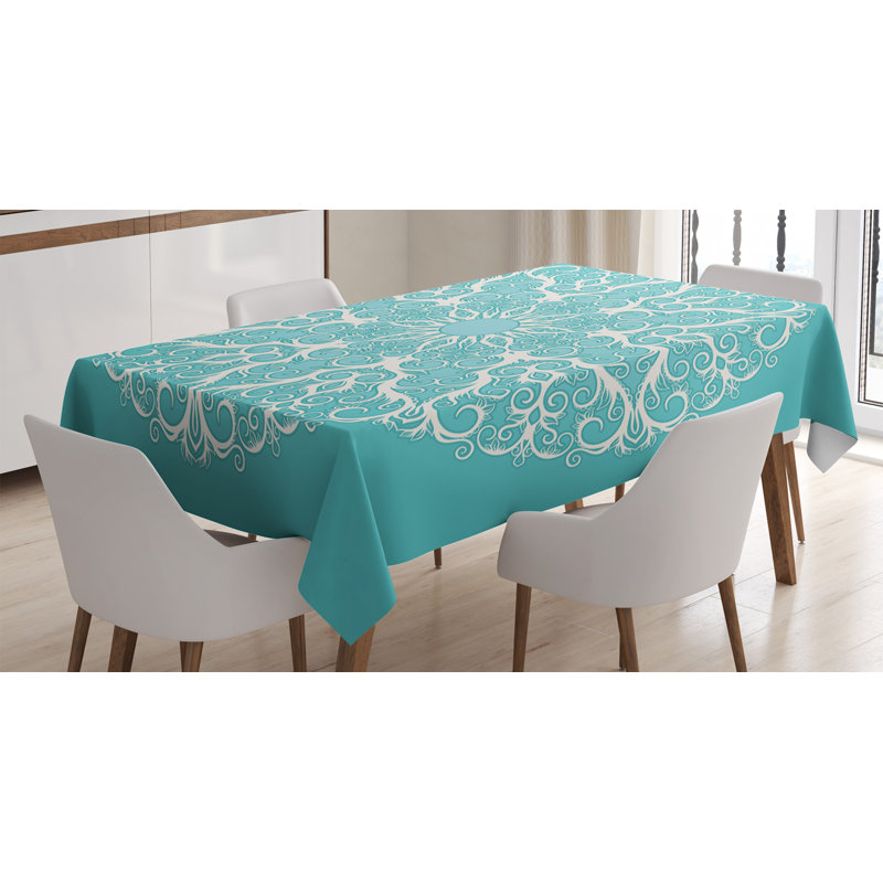 Ambesonne Turquoise Tablecloth, Round Curving Tree Branches Pattern Infinite Circle Symmetrical Cuves Floral Design, Rectangular Table Cover For Dining Room Kitchen Decor, 52" X 70", White