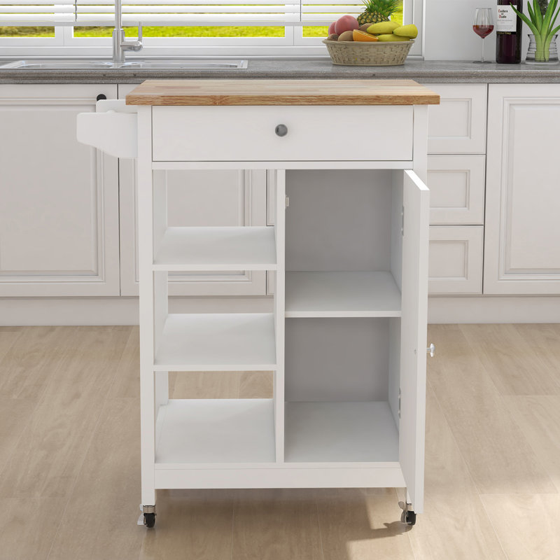 Îlot de cuisine avec chariot à roulettes avec tablettes réglables et plateau à serviettes en bois d'hévéa