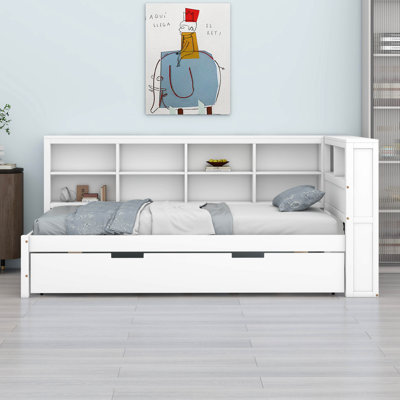 Lit de jour moderne en bois avec rangement en forme de L: cadre de plateforme avec lit gigogne simple, tablettes et station de charge USB - aucun sommier requis