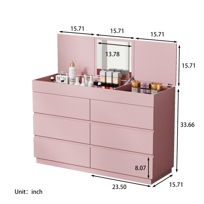 Commode 6 tiroirs avec miroir P2, panneau de particules 12 mm avec mélamine l 47,22 po, Rose