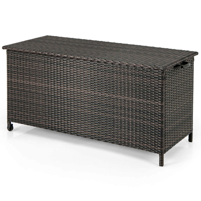Costway 85 Gallon Rattan Deck Box With Waterproof Liner Universal Wheels & Gas Strut, Brown