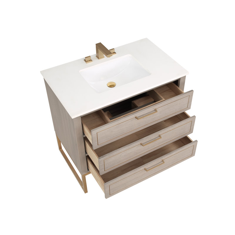 Markham 36'' W Single Vanity, White Quartz, Cashmere Gray, Satin Brass