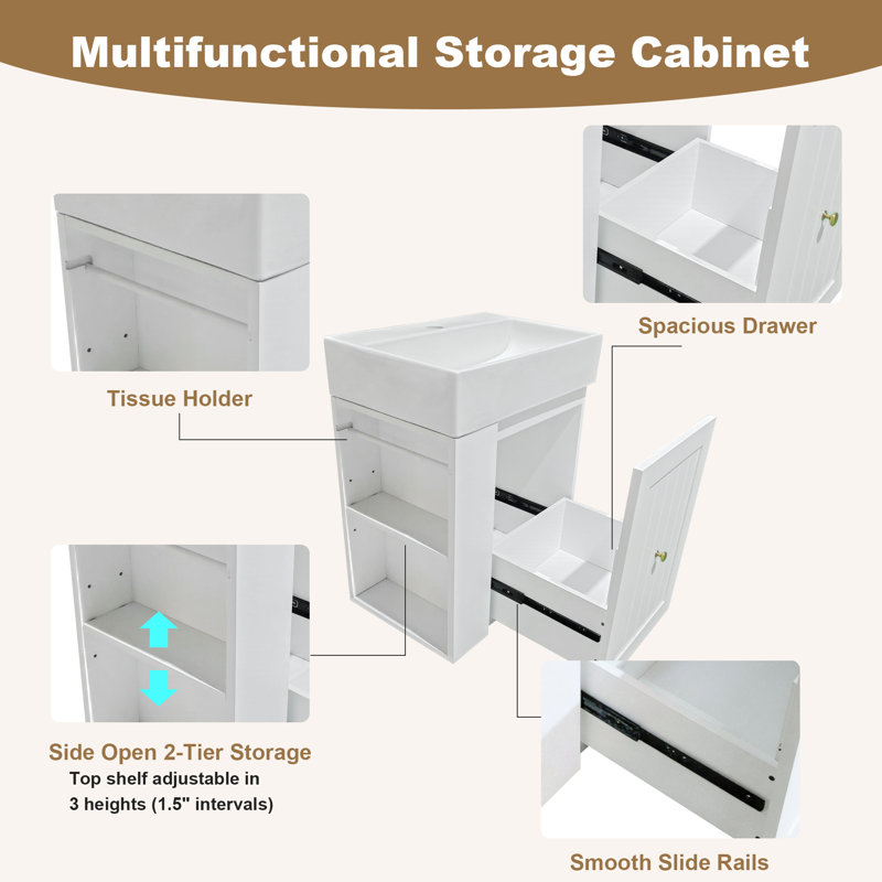 Meuble-lavabo mural de 20 po avec lavabo Roomfitters, armoire flottante en MDF avec tiroir et tablette latérale, blanc, Blanc