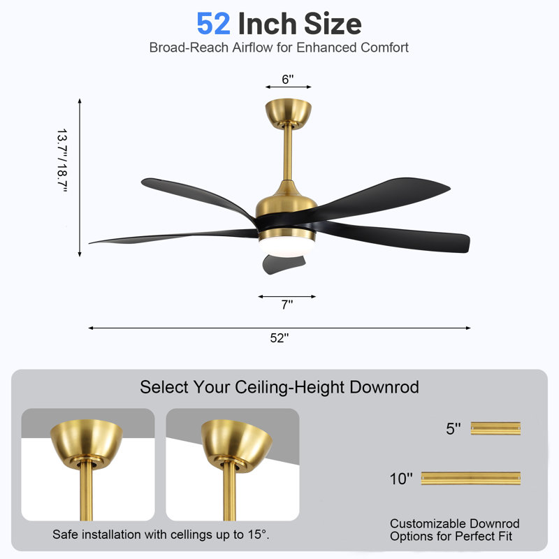 52" 5-ABS Blade Ceiling Fan With Led Light and Remote Control, DC, Silent, Forward and reverse(Black&Gold), Black Blade