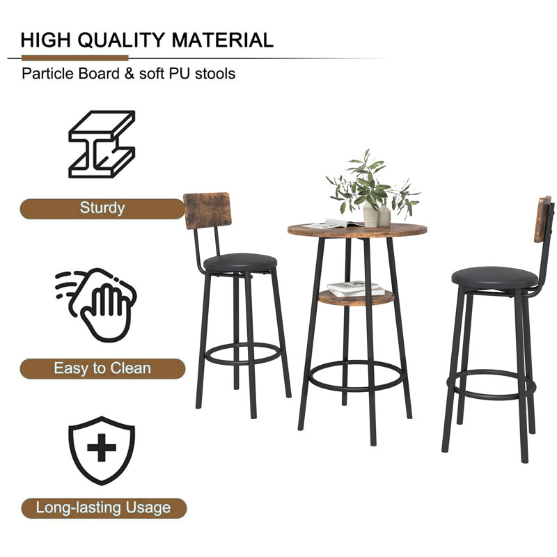 Rustic Brown Round Bistro Bar Table Set with Black Iron Frame
