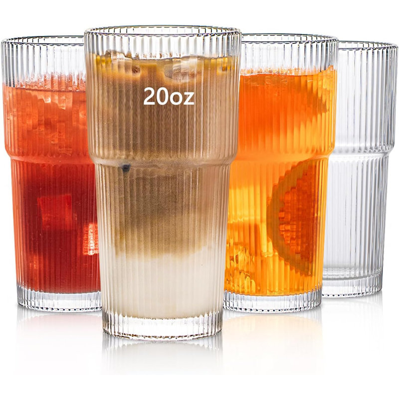 George Oliver 20oz Ribbed Glass Tumbler Set of 4  Large Capacity Drinking  Glasses for Iced Coffee | Wayfair