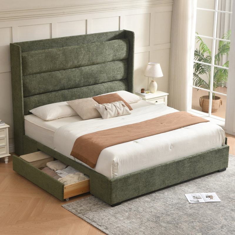 Upholstered Platform Storage Bed with a High Backrest and Two Large Solid Wood Drawers, Green, King